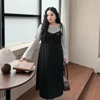 DC8275大码女装【巨显瘦遮肉套装】早秋季气质绑带设计连衣裙两件套