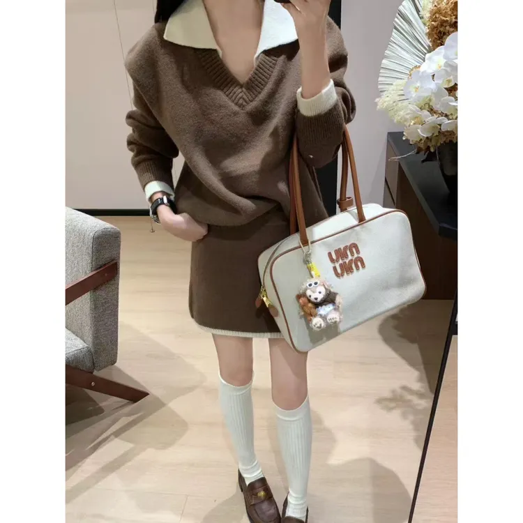 韩版套装拼接领女装复古港风休闲风时尚套装显瘦慵懒风气质