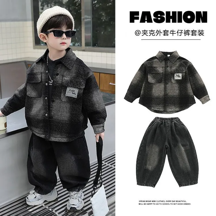 秋冬新款男童加绒棉长袖牛仔两件套韩版保暖