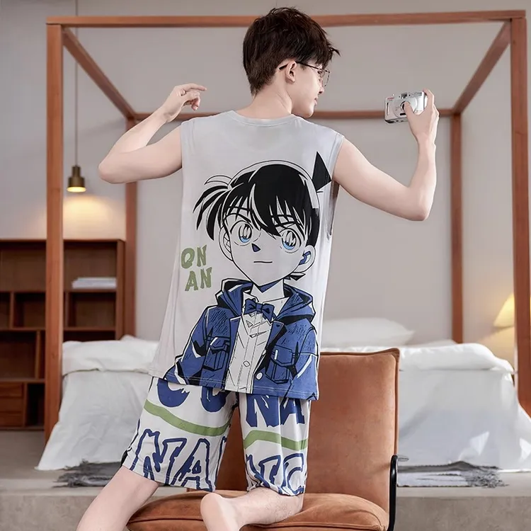 睡衣男莫代尔背心无袖夏季薄款冰丝凉感青少年加肥加大家居服套装