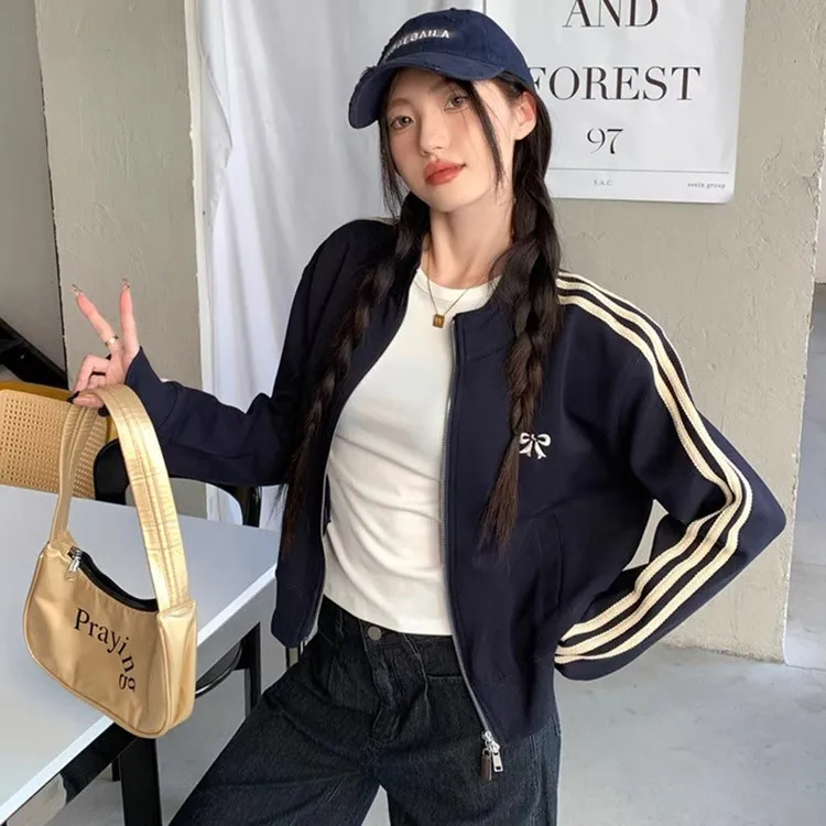 蝴蝶结刺绣立领杠条外套女2025春秋新款休闲宽松拉链开衫上衣