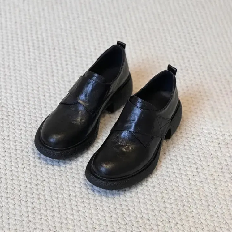 羊皮版~厚底乐福鞋女英伦风一脚蹬黑色jk小皮鞋通勤百搭粗跟单鞋