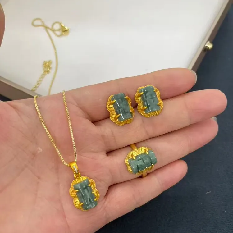 铜合金石英石耳饰 铜合金耳钉 项链 戒指三件套