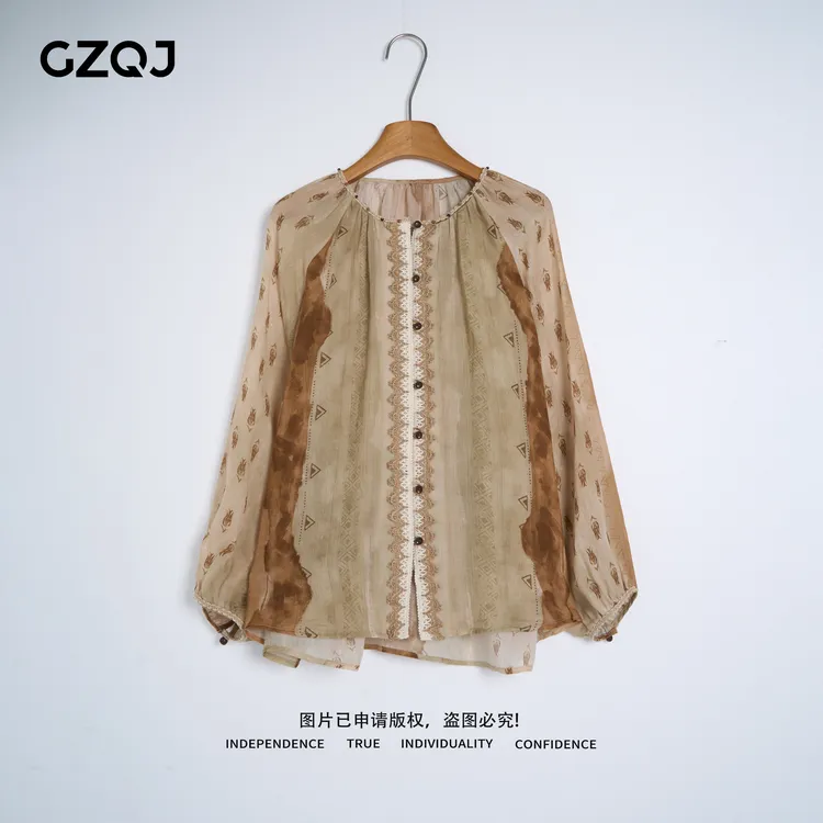 老琴私服【棕锈诗章】 欧若风时尚复古100苎麻圆领长袖衬衫女 416