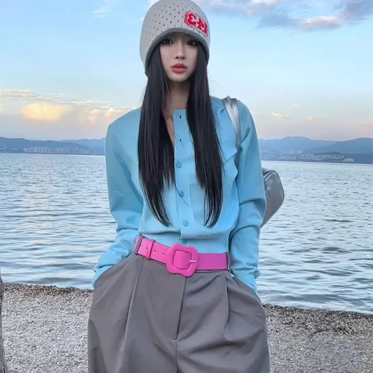 秋装女2025年新款时尚高级感套装韩系穿搭蓝色针织衫阔腿裤两件套