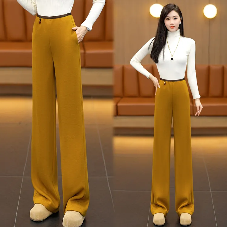 醋酸羊毛阔腿休闲裤女秋冬季2025新款松紧系绳美拉德咖色直筒长裤