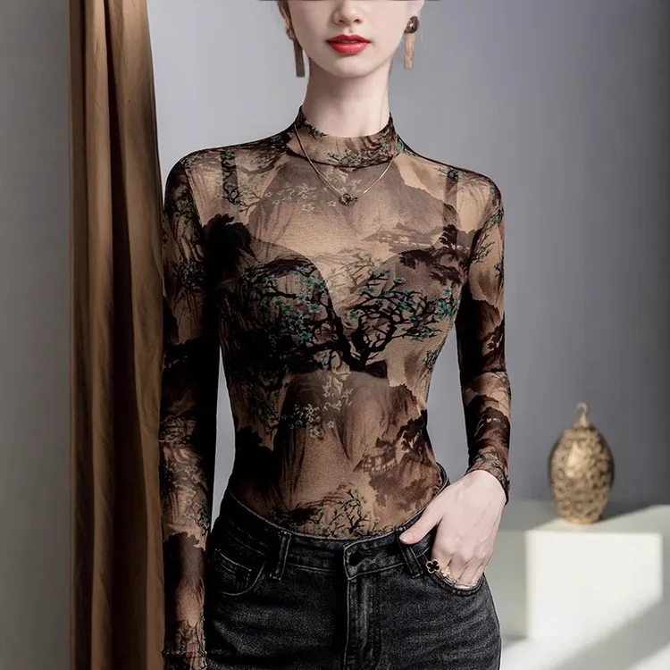 半高领水墨印花打底衫2025秋季网眼洋气女装秋款爆款2025新款女款