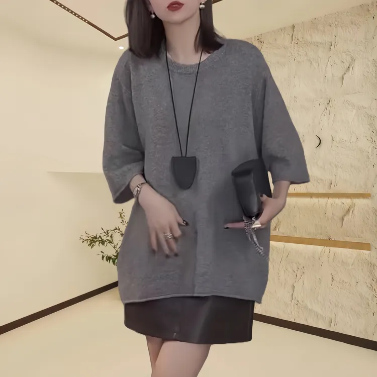 宽松气质中长款针织衫上衣女士2025秋季休闲时尚百搭大码圆领小衫