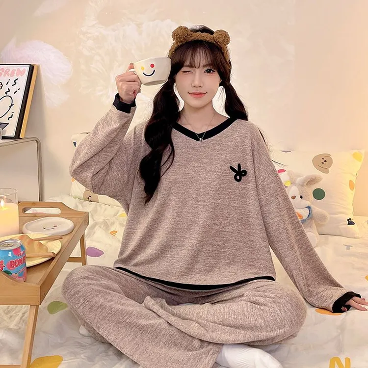 纯色高级感剪刀印花秋冬季羊绒长袖套头圆领长裤女士居家休闲睡衣