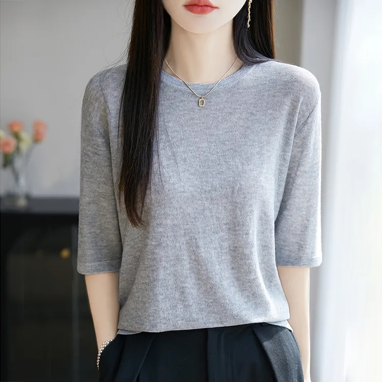 春夏新款精纺水溶羊毛衫女上衣短袖t恤针织衫显瘦薄款夏季珠片女