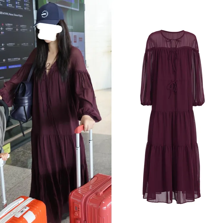 Miss Judy朱珠同款红色抽绳高腰连衣裙设计感长袖宽松中长款裙子