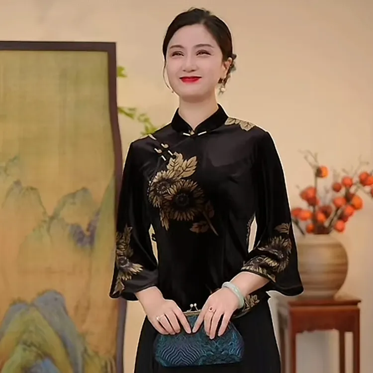 瓷萱【金葵】秋季中国风旗袍上衣七分袖斜襟重磅复古黑色气质新国风