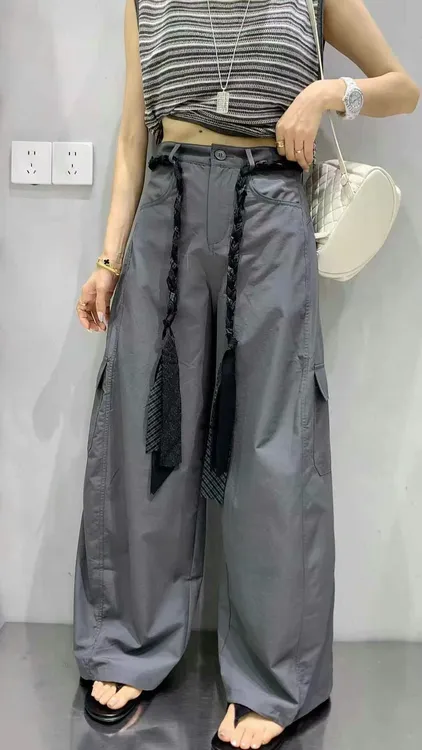 夏季新款小众设计感编织腰带工装阔腿长裤女