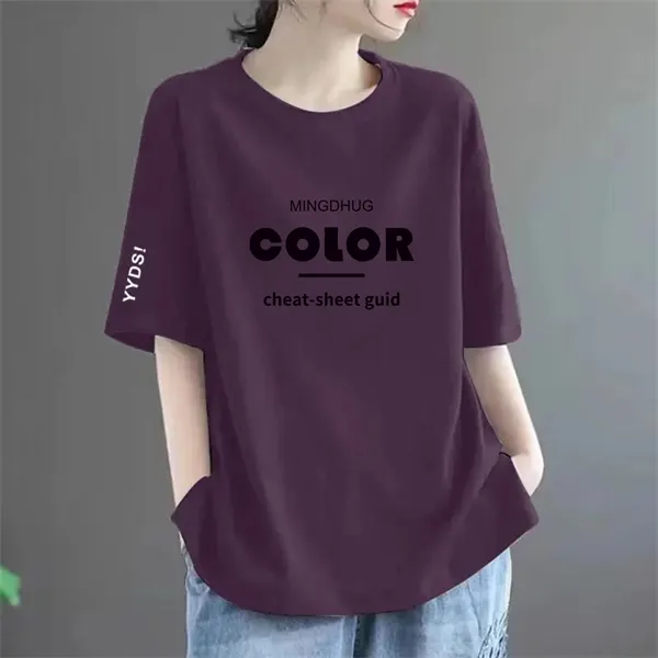 纯棉新款韩版宽松百搭显瘦中长款彩色时尚印花短袖T恤大码