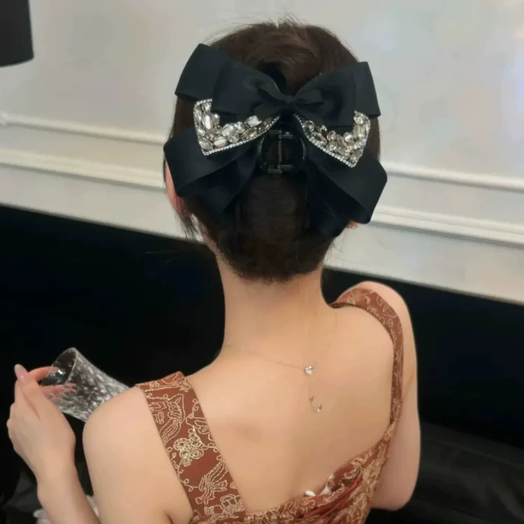 高级感黑色闪钻多层蝴蝶结抓夹女时尚轻奢后脑袋大号抓夹宕机发夹