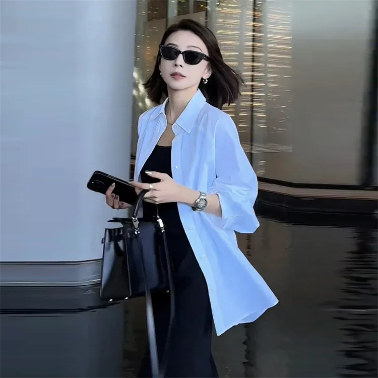 夏季长袖显瘦防晒衬衫女装衬衣POLO领薄款休闲白色设计感上衣女