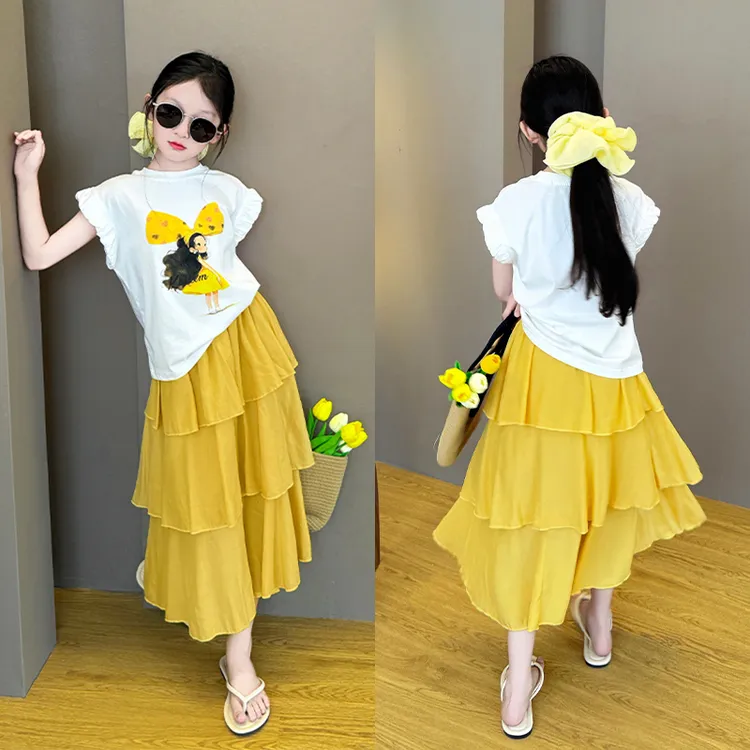 女童夏季套装2025新款韩版洋气卡通短袖t恤女孩蛋糕半身裙两件套