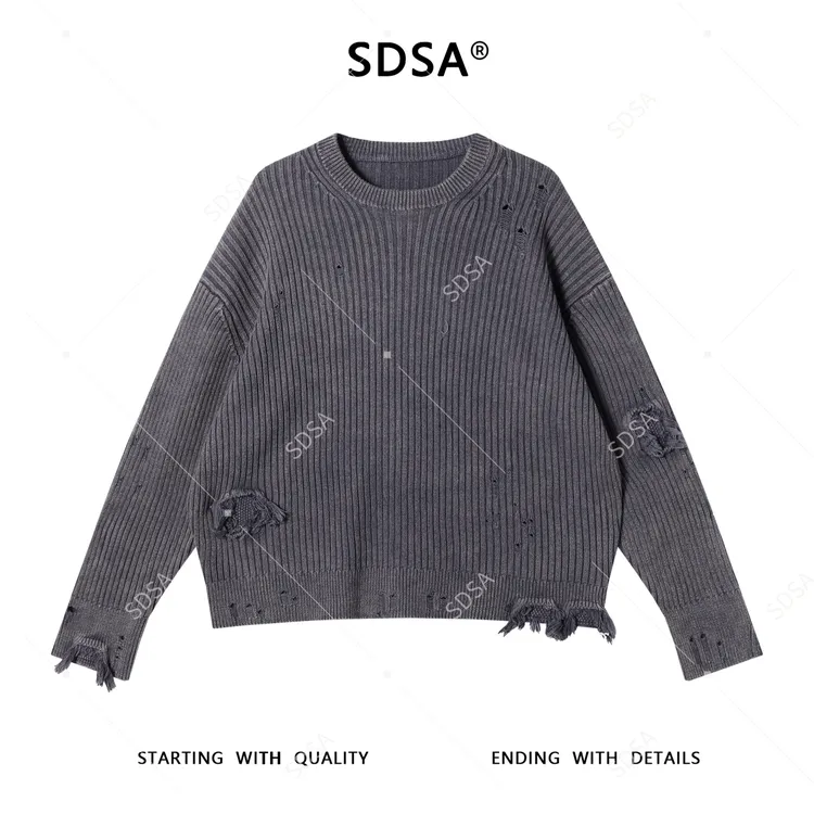 SDSA男士秋冬新款痞帅男装潮牌破洞流苏圆领针织衫百搭慵懒风毛衣