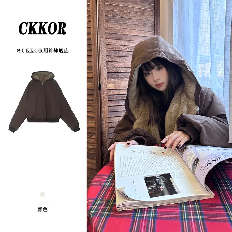 CKKOR双面穿加绒加厚外套女冬季新款宽松百搭情侣座山雕棉服夹克