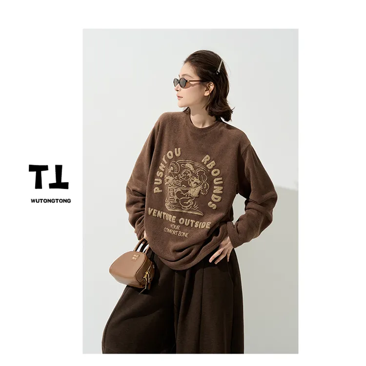 现货【竞速时刻】冬季厚款印花长袖T抓绒恤衫女韩版百搭上衣62845