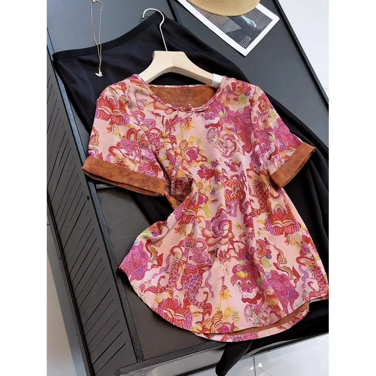 新中式圆领紫花短袖丝滑T恤上衣气质衬衫