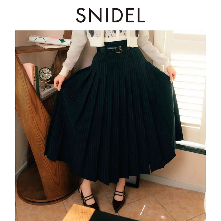 SNIDEL2025早秋新款气质腰带百褶开叉半身裙SWFS254129