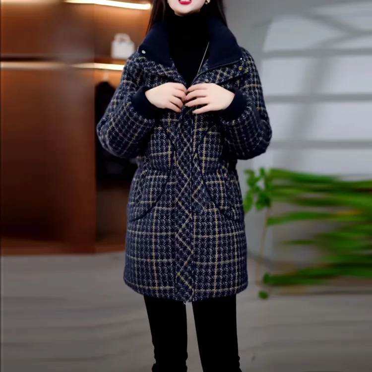 色织格纹精纺加厚羽绒服2025冬季新款女士宽松时尚气质白鸭绒外套