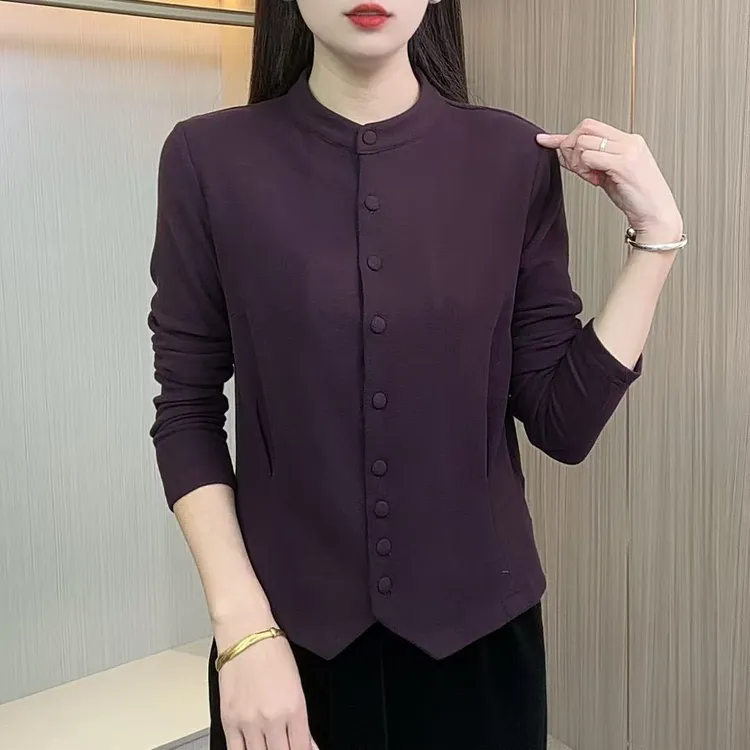 2025女士新款立领时尚休闲洋气纯色双面绒百搭开扣显瘦保暖小衫J5