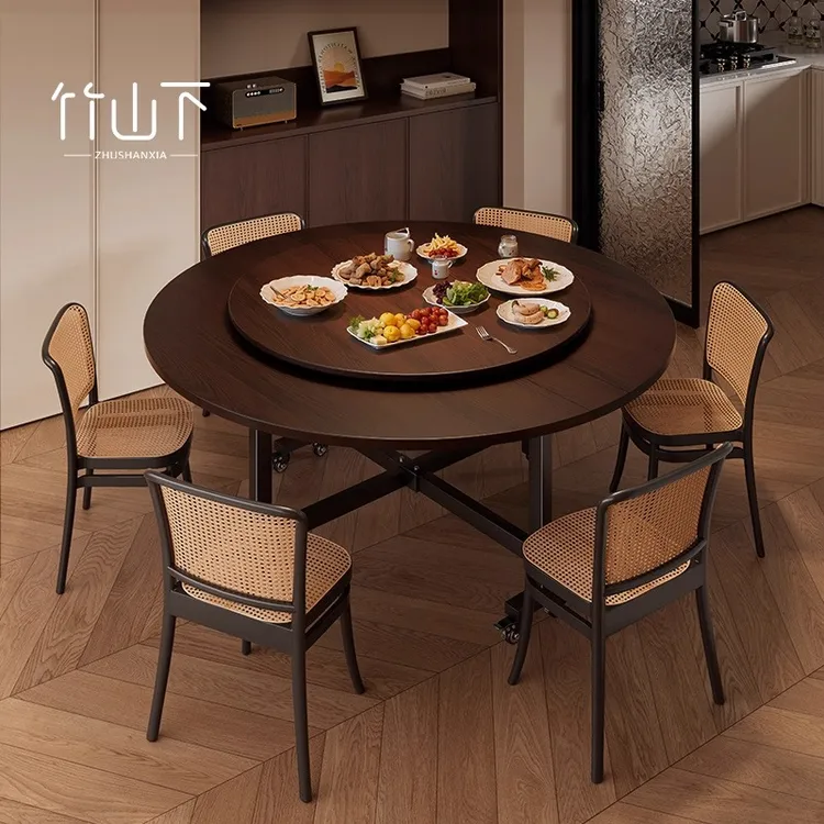 家用新中式大圆桌餐厅简约圆形吃饭桌可移动可折叠饭桌子新款餐桌