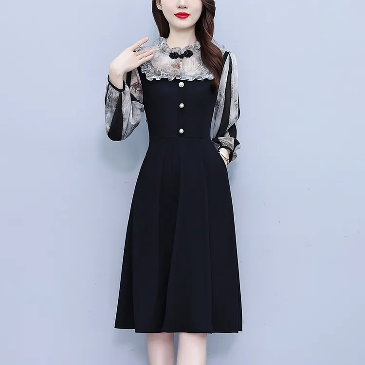 女装连衣裙2025秋季新款气质复古显瘦时尚收腰裙子中年妈妈假两件