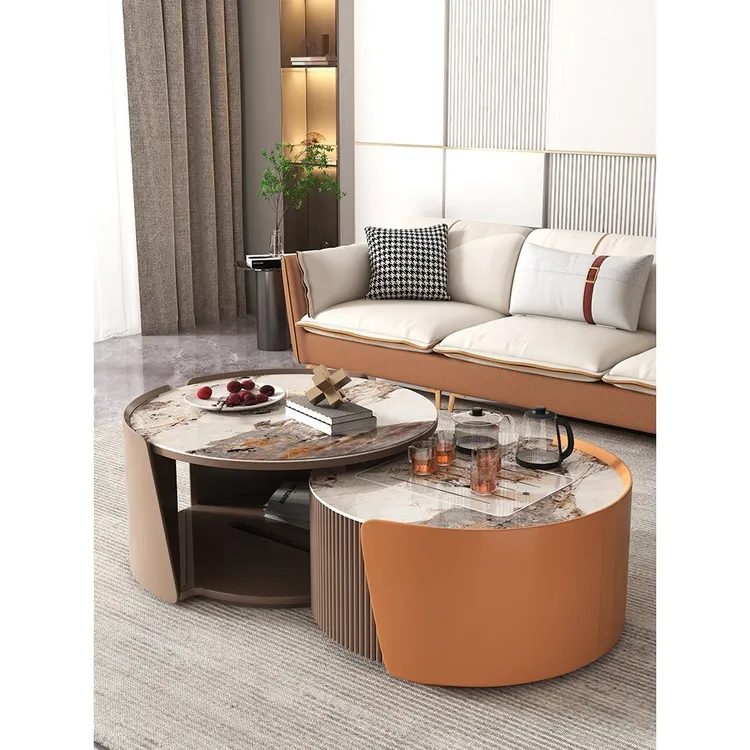 保持桌面干净茶几组合意式轻奢客厅家用岩板圆形茶几岩板功夫茶