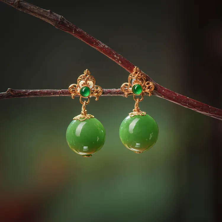 【诗蓉】拟春·典藏级和田玉老料辣阳绿18K金碧玉耳坠AE0266约12mm