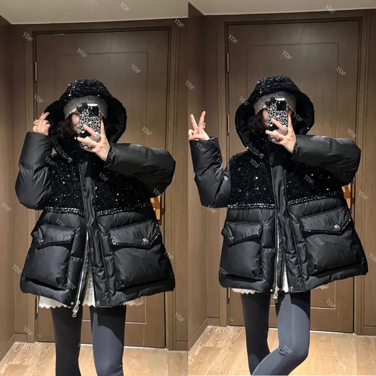 YDFSTUDIO小众【星光璀璨】欧货高品重工亮片拼接设计连帽羽绒外套