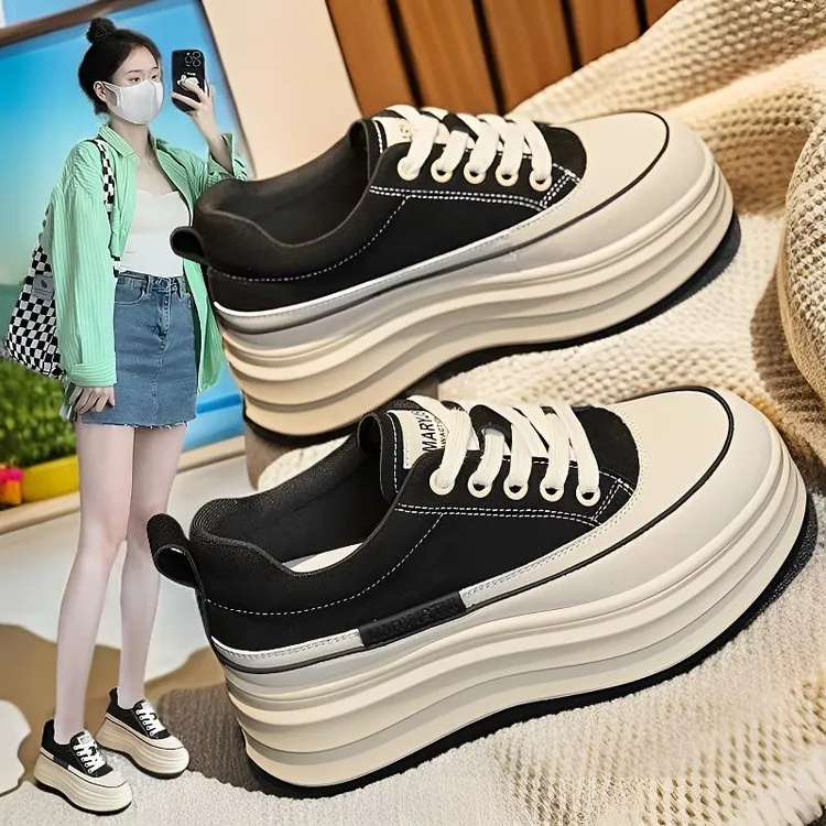 隐形增高8cm厚底松糕鞋女百搭不累脚真皮休闲小白鞋2025秋季爆款