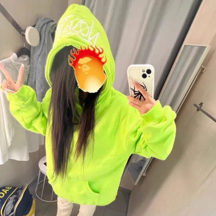 慵懒松弛感荧光绿色字母刺绣连帽卫衣女秋冬加绒加厚宽松外套上衣