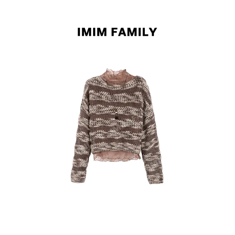 CICI“秋日呼唤”费尔岛条纹复古长袖毛衣叠穿勾花半高领蕾丝打底衫