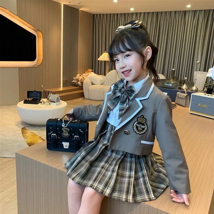 女童学院风春秋套装2025新款中大童秋季三件套洋气jk制服儿童裙子