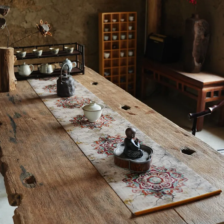 新【敦煌团花】竹丝茶旗中式客厅复古卷挂画茶室餐厅桌旗过道装饰画