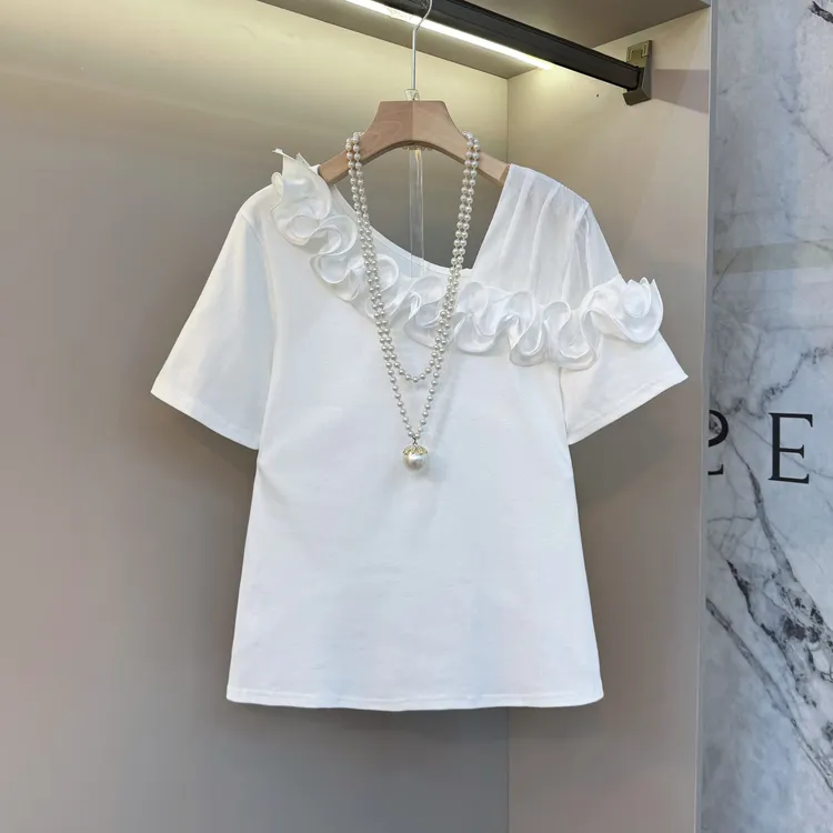 新款洋气时尚夏季胖妹妹不规则领口泡泡拼接花边设计感短袖T恤