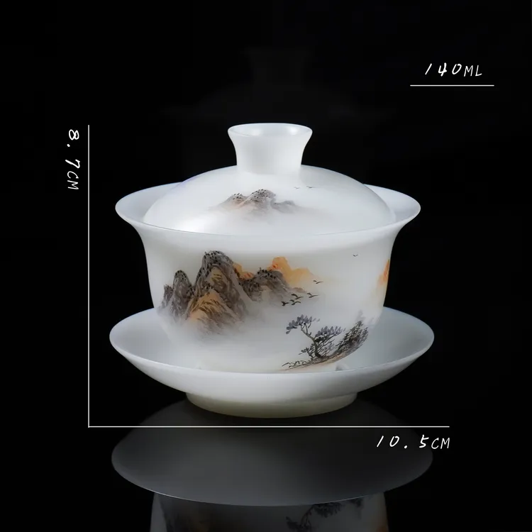 陶然甄选/璞玉素烧/手绘山水/三才盖碗/140ml茶具高档家用