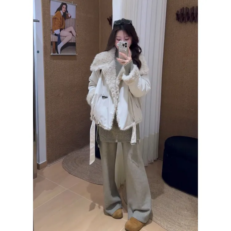 parkyeon秋冬新款设计感毛领加厚保暖派克棉服外套屁帘休闲裤套装