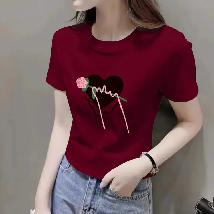 正肩显瘦短袖t恤女夏季时尚洋气爱心印花体恤衫百搭修身大码上衣