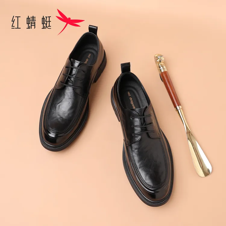 红蜻蜓2026百搭牛皮系带鞋英伦风增高皮鞋黑色潮流真皮男款鞋子商品图