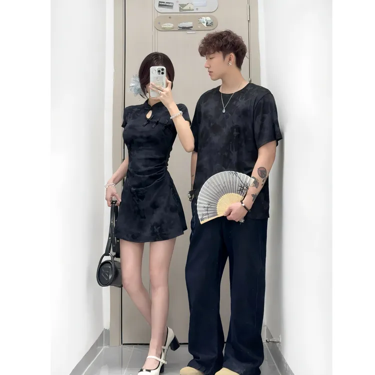 新中式情侣装夏季小众设计感短袖t恤女旗袍连衣裙法式一裙一衣潮