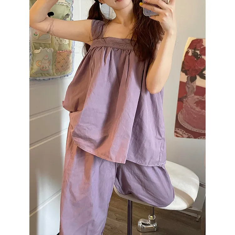 甜美少女高级棉纱睡衣女款夏季新款吊带长裤宽松可外穿家居服套装