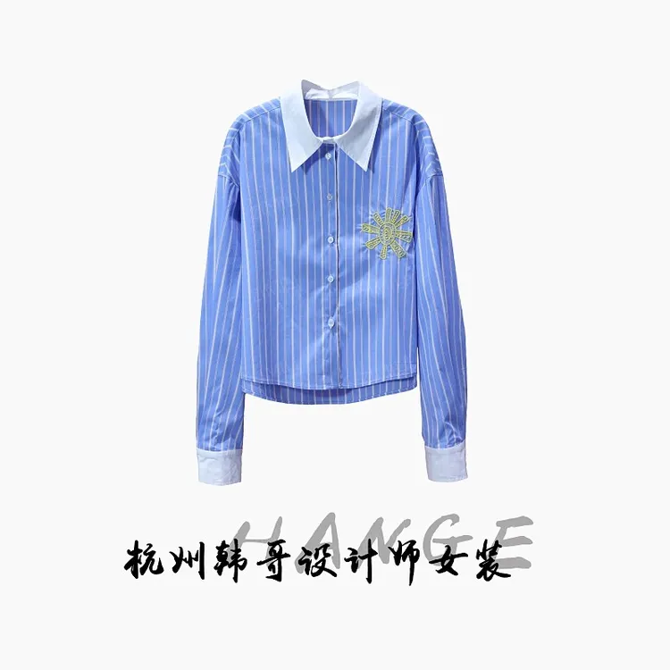 【韩哥女装】2025欧版新品经典蓝白条纹拼接休闲气质衬衫9656-F3