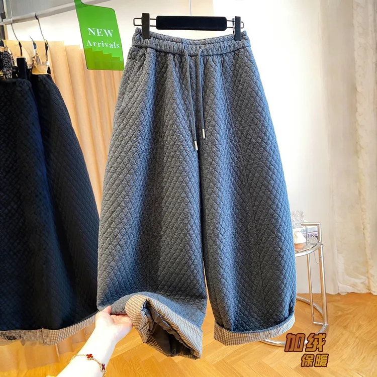 菱格保暖夹棉阔腿裤女外穿2025新款宽松显瘦遮肉百搭九分气球裤子