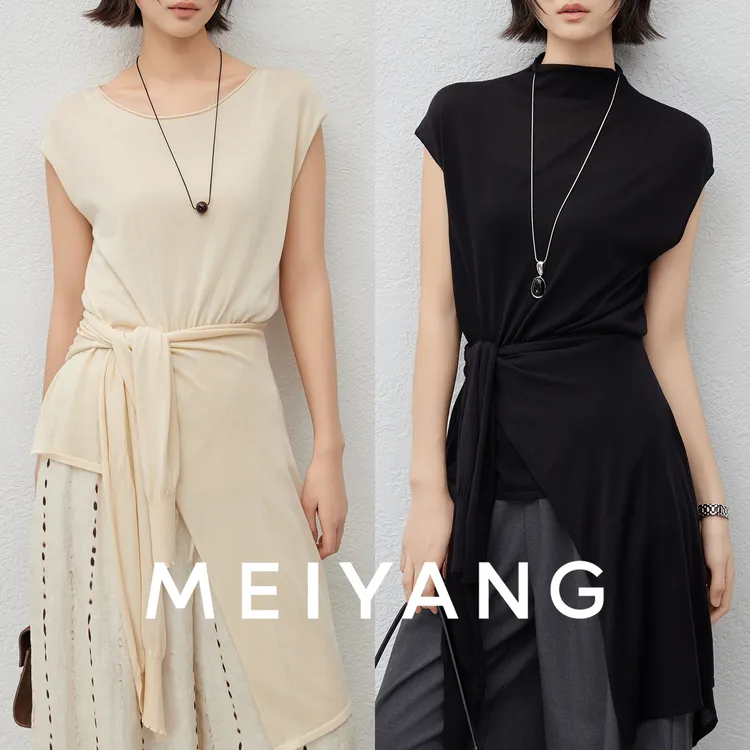 A美洋MEIYANG夏季新款商场同款时尚冰丝三醋酸简约针织衫绑带上衣