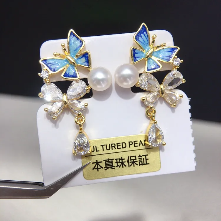 诸暨天然淡水珍珠耳环女景泰蓝锆石蝴蝶珍珠耳钉S925纯银耳针