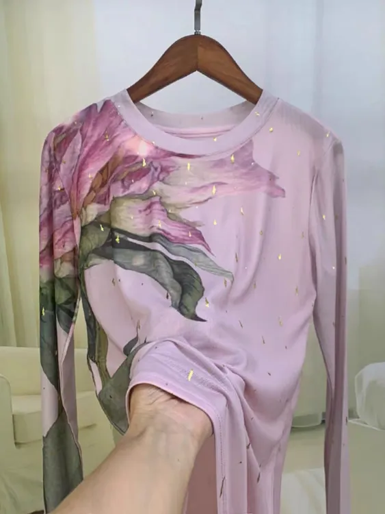 2025早春新款网纱长袖上衣女圆领t恤漂亮时尚修身洋气A2088